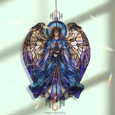 Guardian Angel Acrylic Suncatcher, Stained Glass Style Blue Winged Art, Spiritual Window Decor, Celestial Gift for Faith and Home